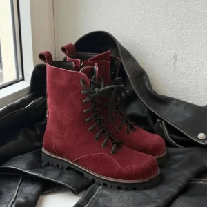Handmade Red Leather Boots Women Anatomical Lace Up